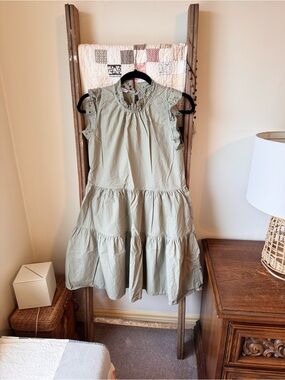 Kids Sage Green Ruffle Sleeve Tiered Dress
